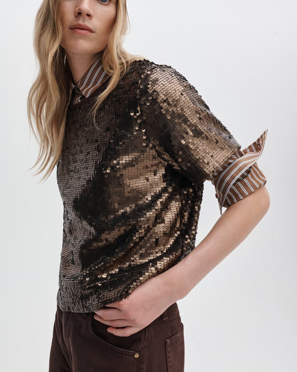 Lucy Sequined Tee - Coffee