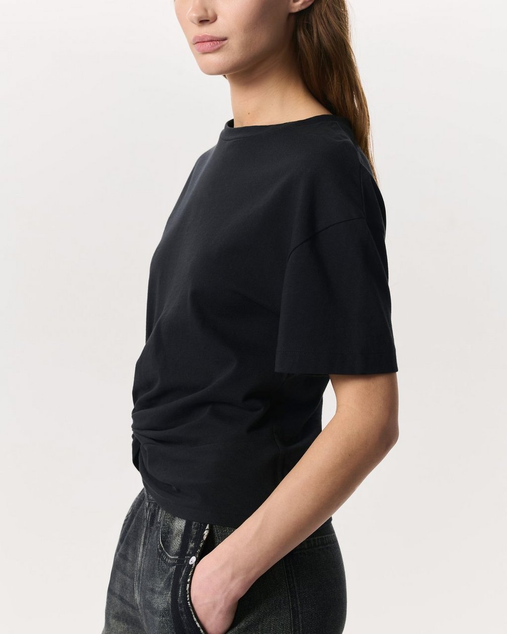Mica Twist-Detail Draped Cotton T-Shirt - Black