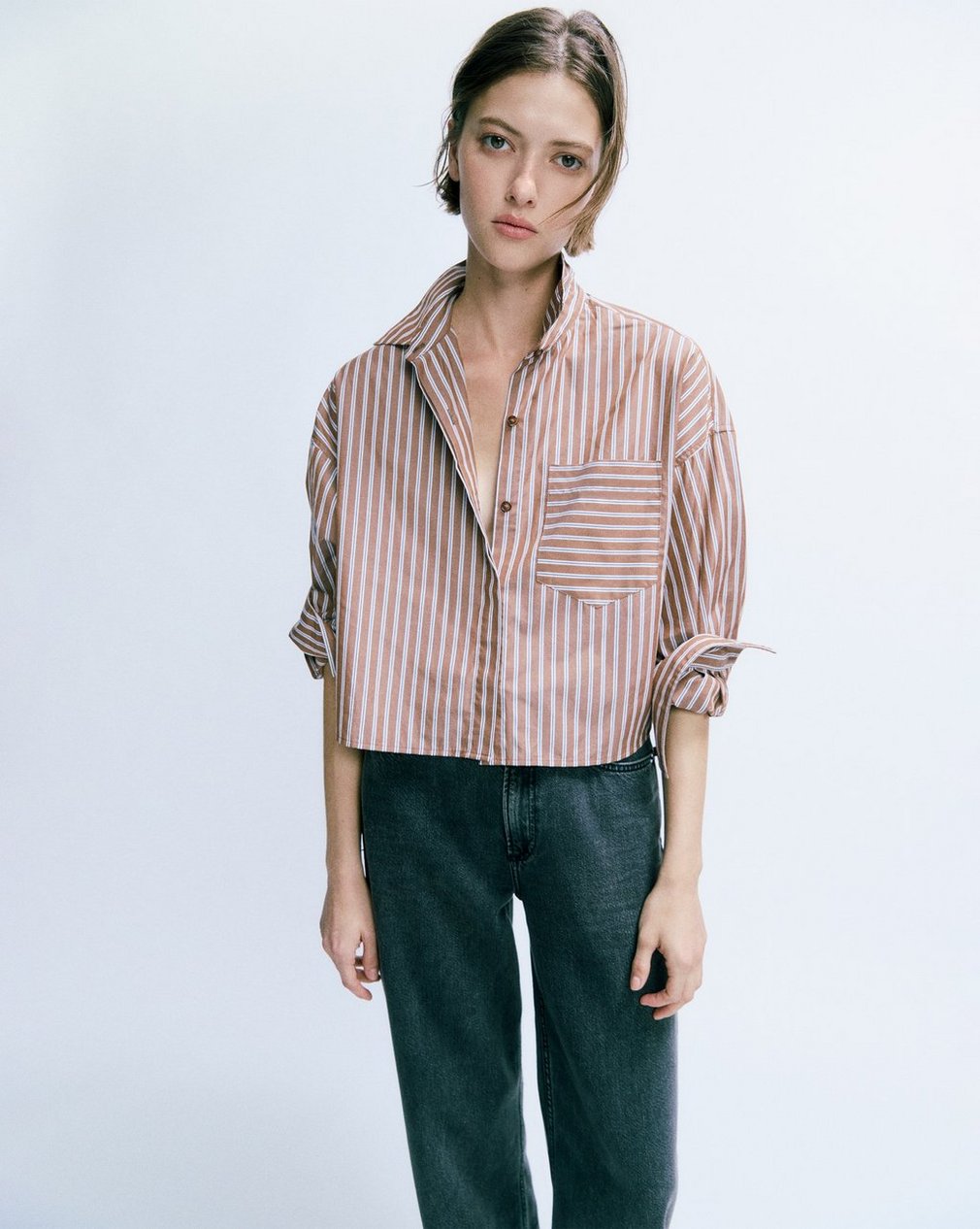 Marin Cropped Striped Shirt - Tobacco Stripe
