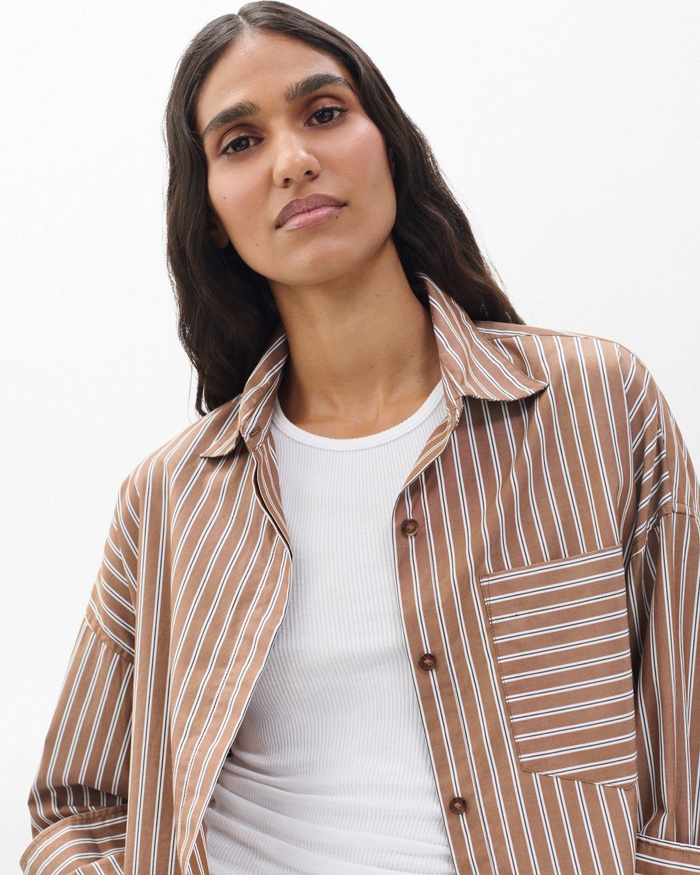 Marin Cropped Striped Shirt - Tobacco Stripe