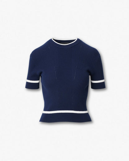 Kassy Ribbed Short-Sleeve Sweater - Navy