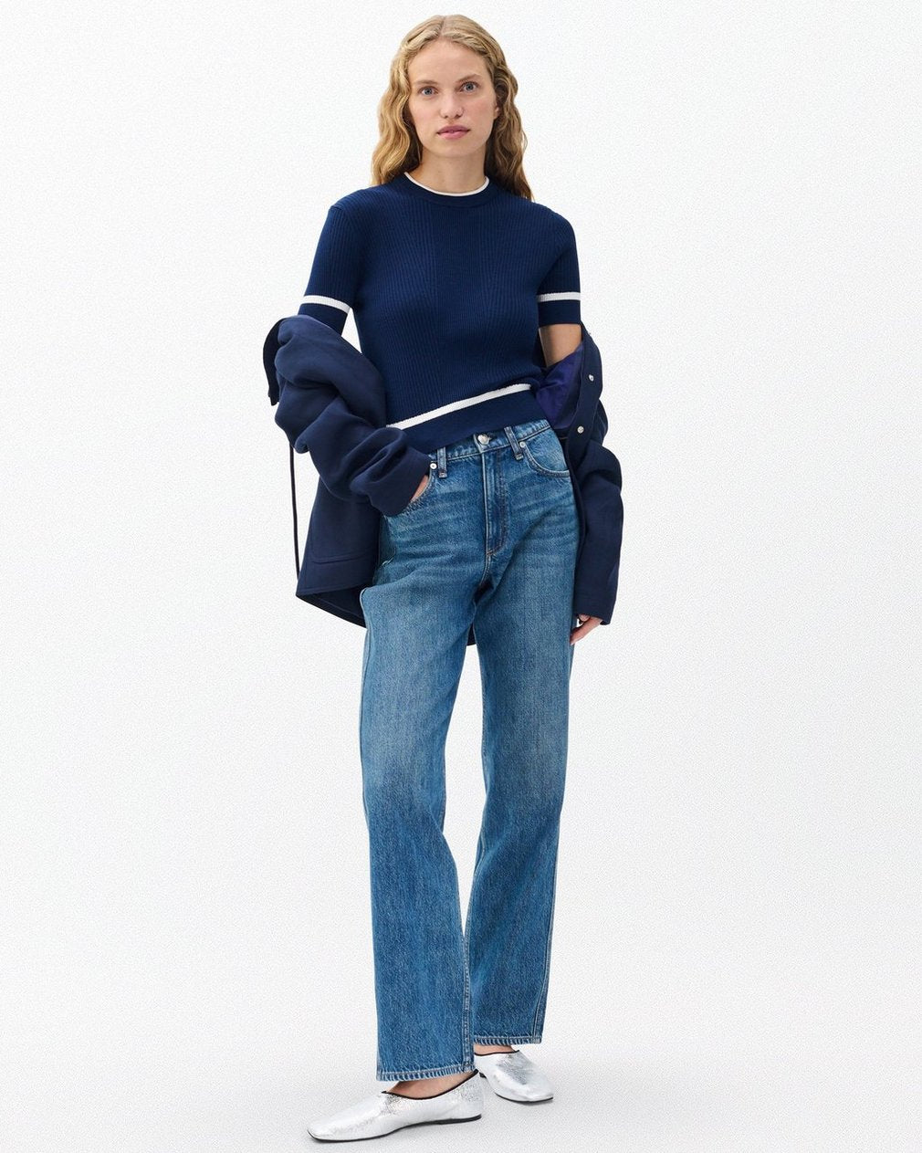 Kassy Ribbed Short-Sleeve Sweater - Navy