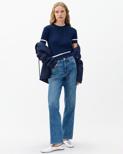 Kassy Ribbed Short-Sleeve Sweater - Navy