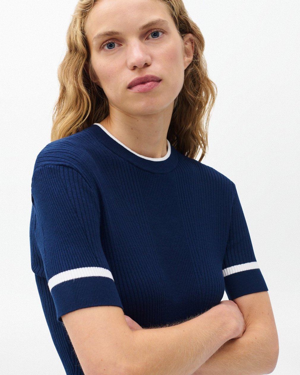 Kassy Ribbed Short-Sleeve Sweater - Navy
