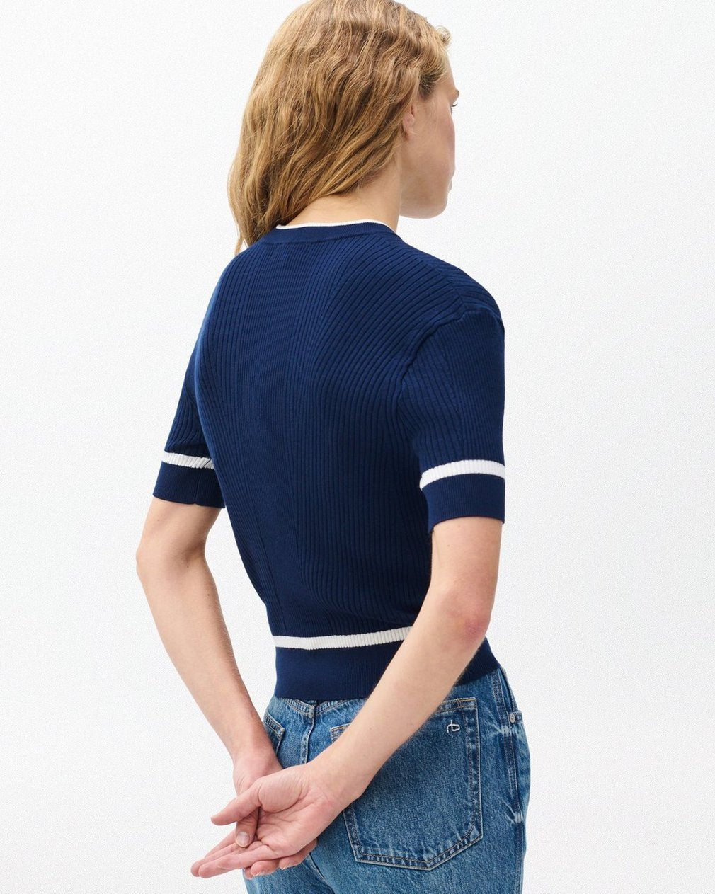 Kassy Ribbed Short-Sleeve Sweater - Navy