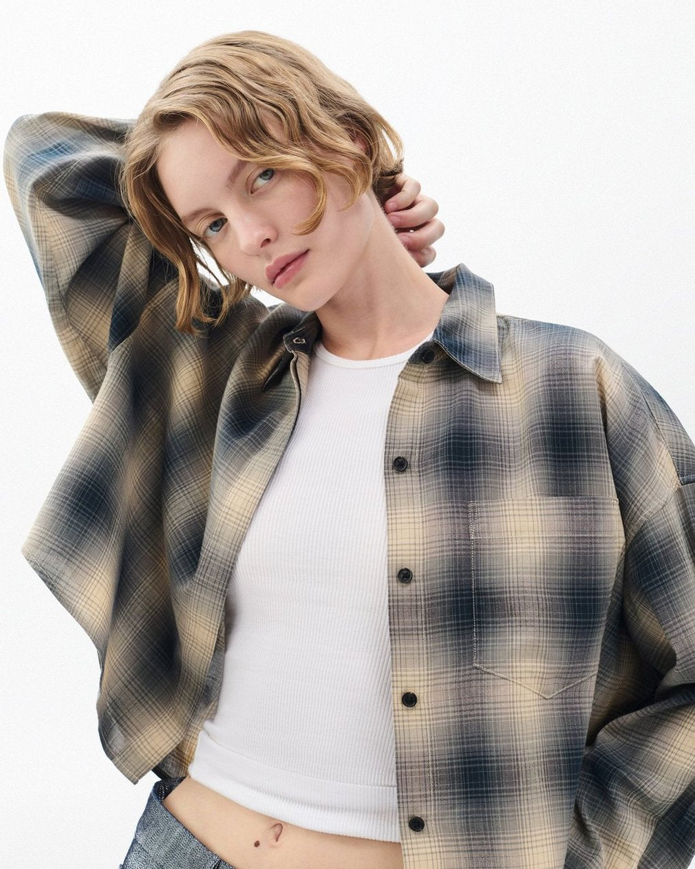 Marin Cropped Plaid Shirt - Navy Plaid