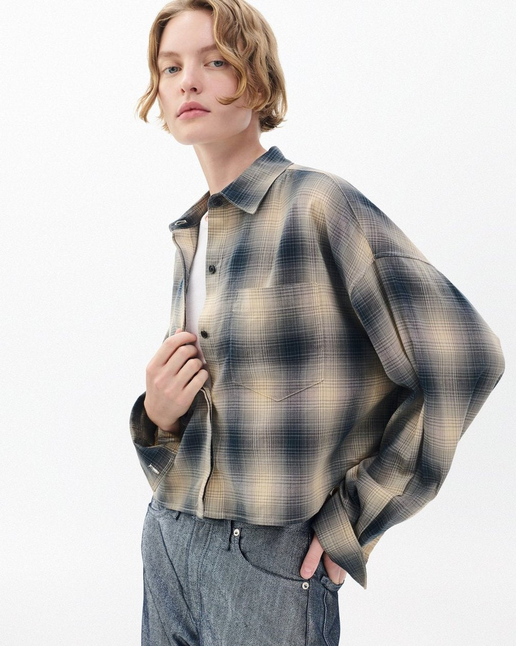 Marin Cropped Plaid Shirt - Navy Plaid