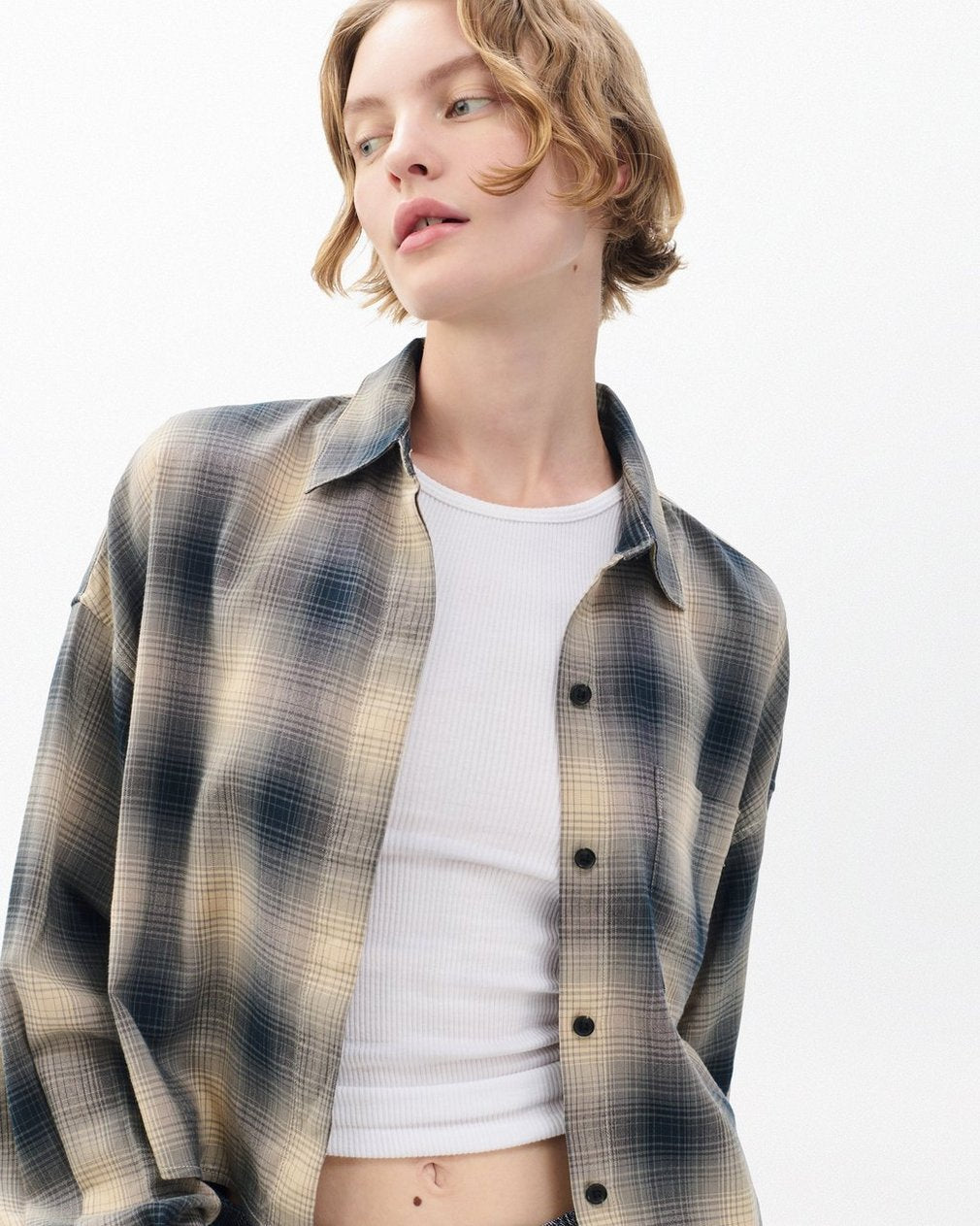 Marin Cropped Plaid Shirt - Navy Plaid