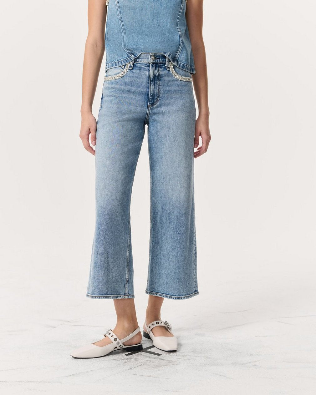 Andi Embellished Ankle-Length Wide-Leg Jeans - Pacific With Jewel