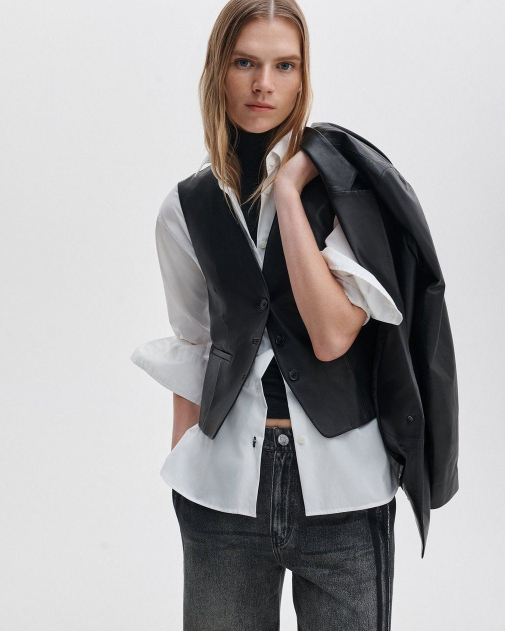 Jennifer Leather Two-in-One Blazer - Black