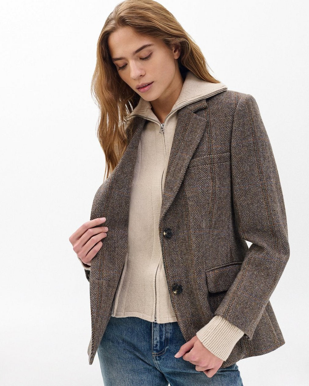 Frank Mixed-Media Plaid Blazer - Brown Multi