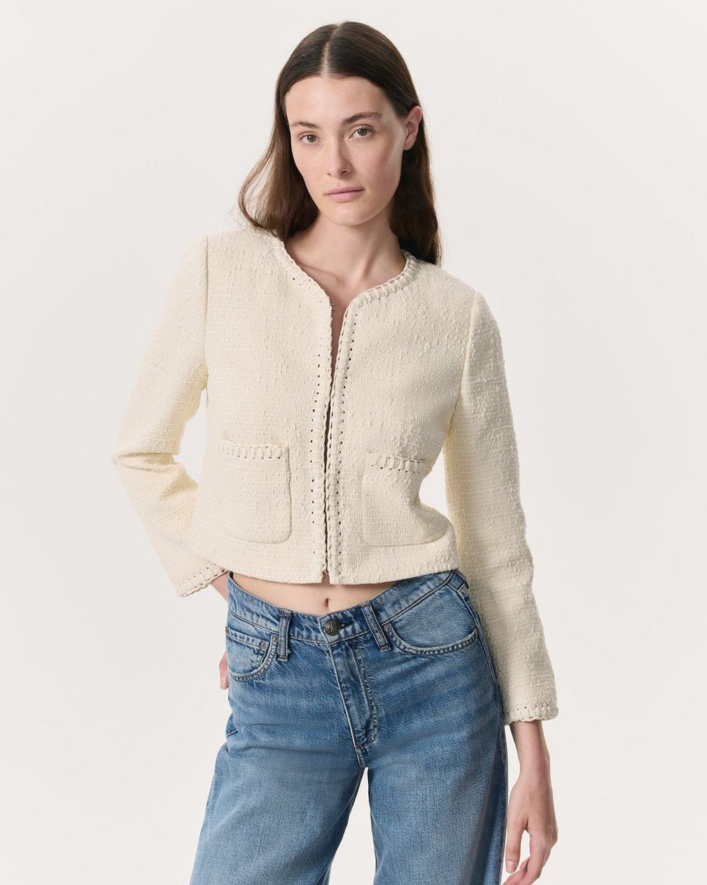 Cheyenne Whipstitch-Trimmed Tweed Lady Jacket - White