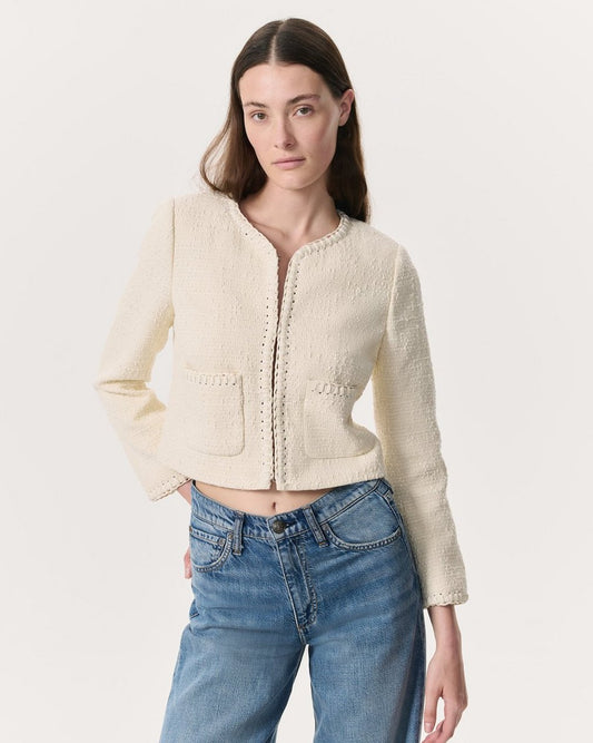 Cheyenne Whipstitch-Trimmed Tweed Lady Jacket - White