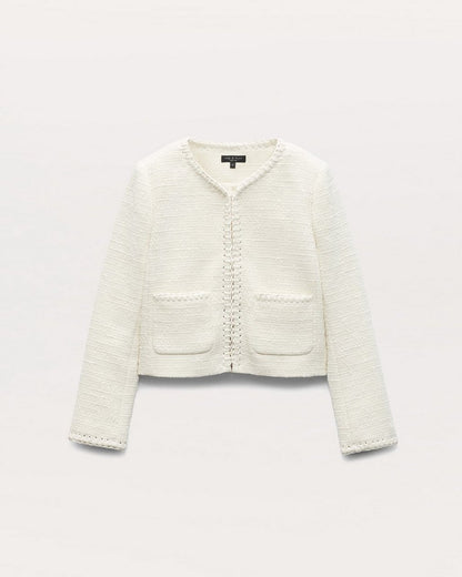 Cheyenne Whipstitch-Trimmed Tweed Lady Jacket - White