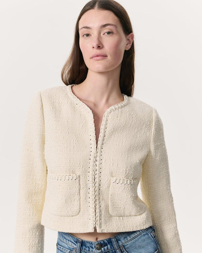 Cheyenne Whipstitch-Trimmed Tweed Lady Jacket - White