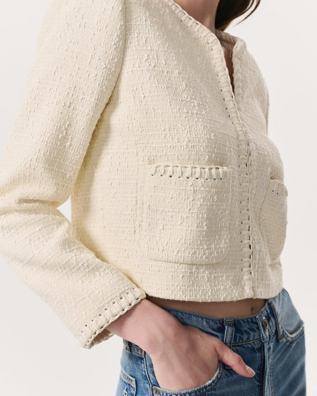 Cheyenne Whipstitch-Trimmed Tweed Lady Jacket - White