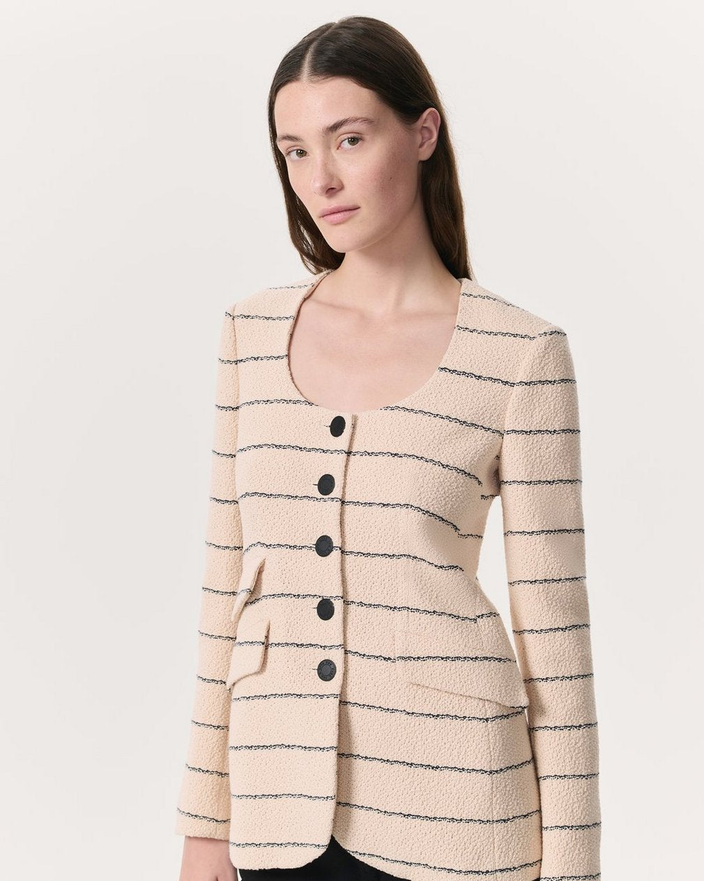 Roslyn Cotton Tweed Scoop-Neck Blazer - Cream