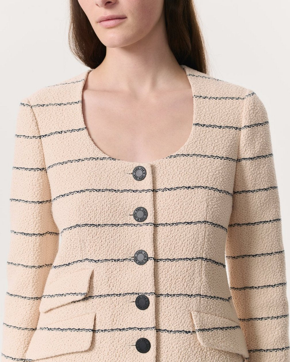 Roslyn Cotton Tweed Scoop-Neck Blazer - Cream