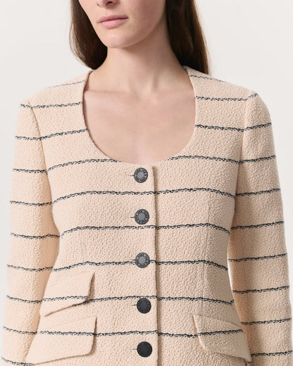 Roslyn Cotton Tweed Scoop-Neck Blazer - Cream