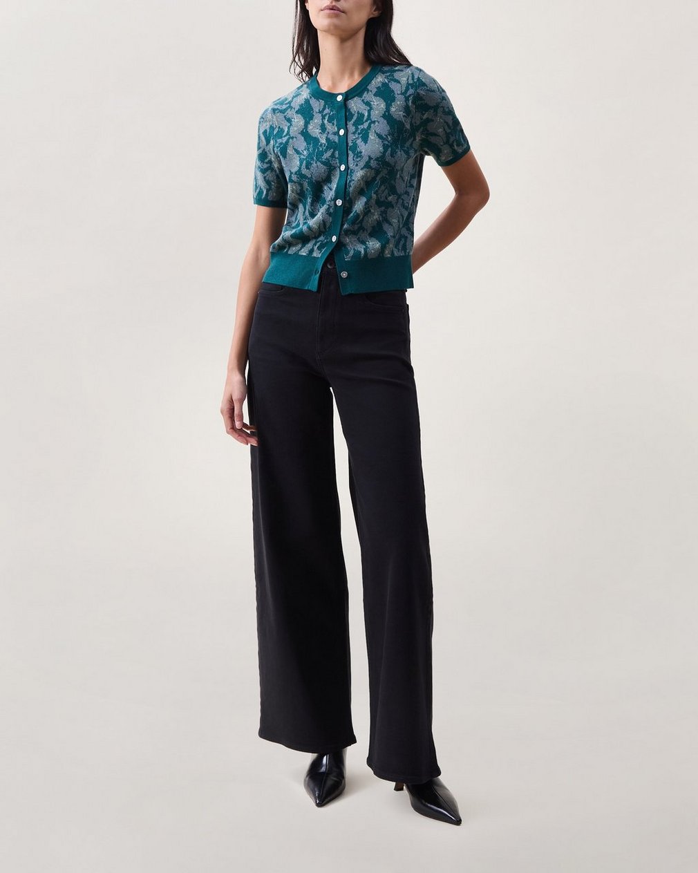 Michal Jacquard Short-Sleeve Cardigan - Teal Petal Multi