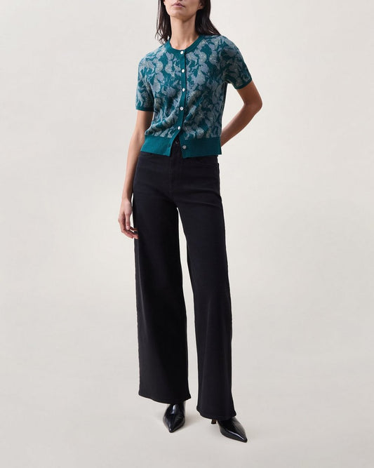 Michal Jacquard Short-Sleeve Cardigan - Teal Petal Multi