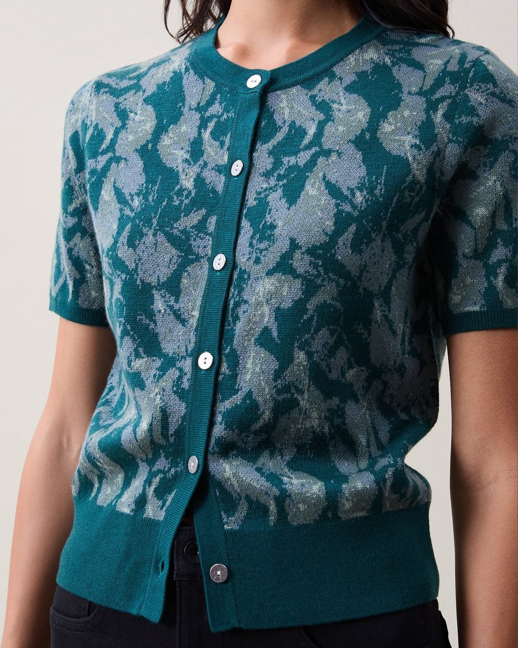 Michal Jacquard Short-Sleeve Cardigan - Teal Petal Multi