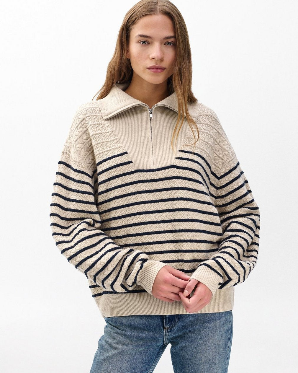 Natalia Cashmere Half-Zip Sweater - Oatmeal Multi
