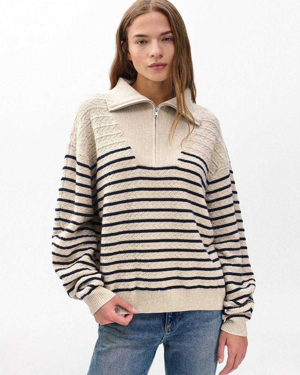 Natalia Cashmere Half-Zip Sweater - Oatmeal Multi