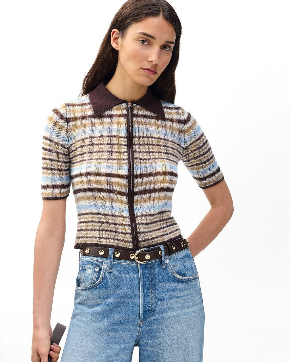 Leva Plaid Zip Polo Sweater - Ivory Multi