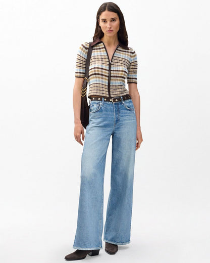 Leva Plaid Zip Polo Sweater - Ivory Multi