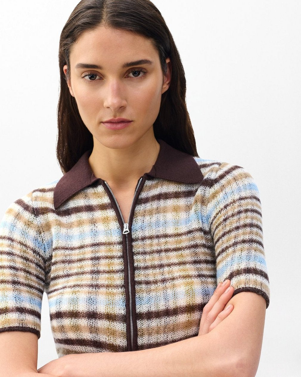 Leva Plaid Zip Polo Sweater - Ivory Multi