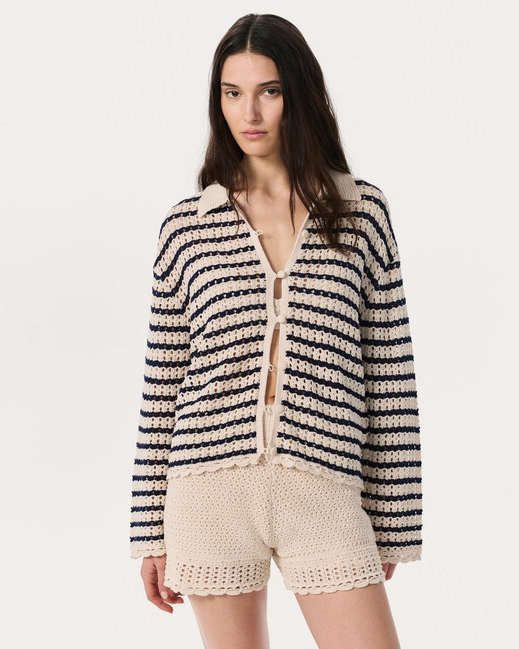 Khloe Striped Open-Knit Cardigan - Ivory