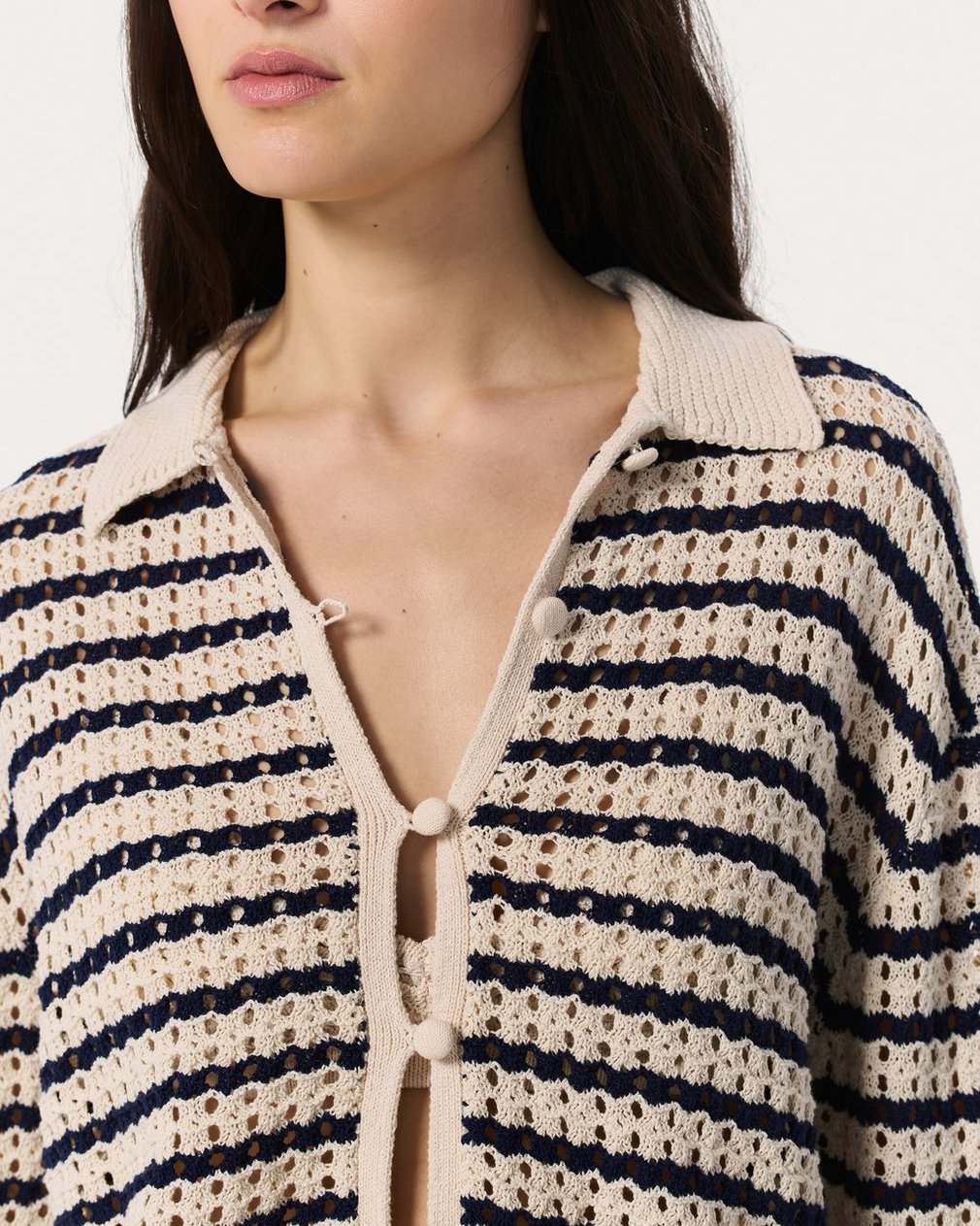 Khloe Striped Open-Knit Cardigan - Ivory