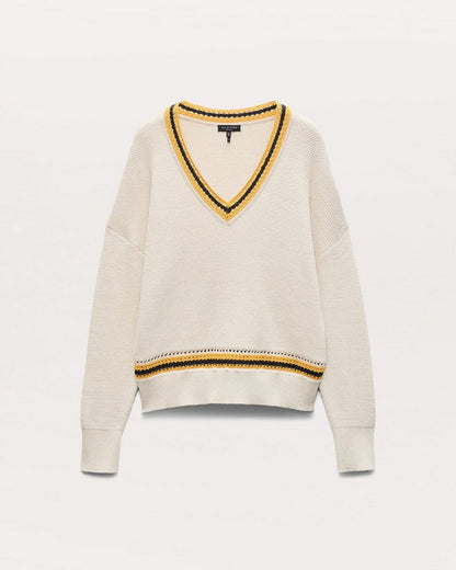 Meghan Striped Crochet-Trim V-Neck Sweater - Ivory