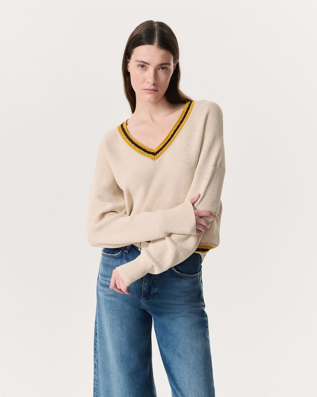Meghan Striped Crochet-Trim V-Neck Sweater - Ivory