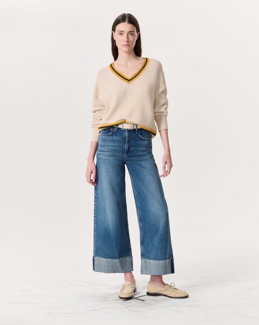 Meghan Striped Crochet-Trim V-Neck Sweater - Ivory