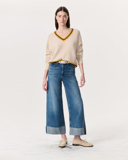 Meghan Striped Crochet-Trim V-Neck Sweater - Ivory