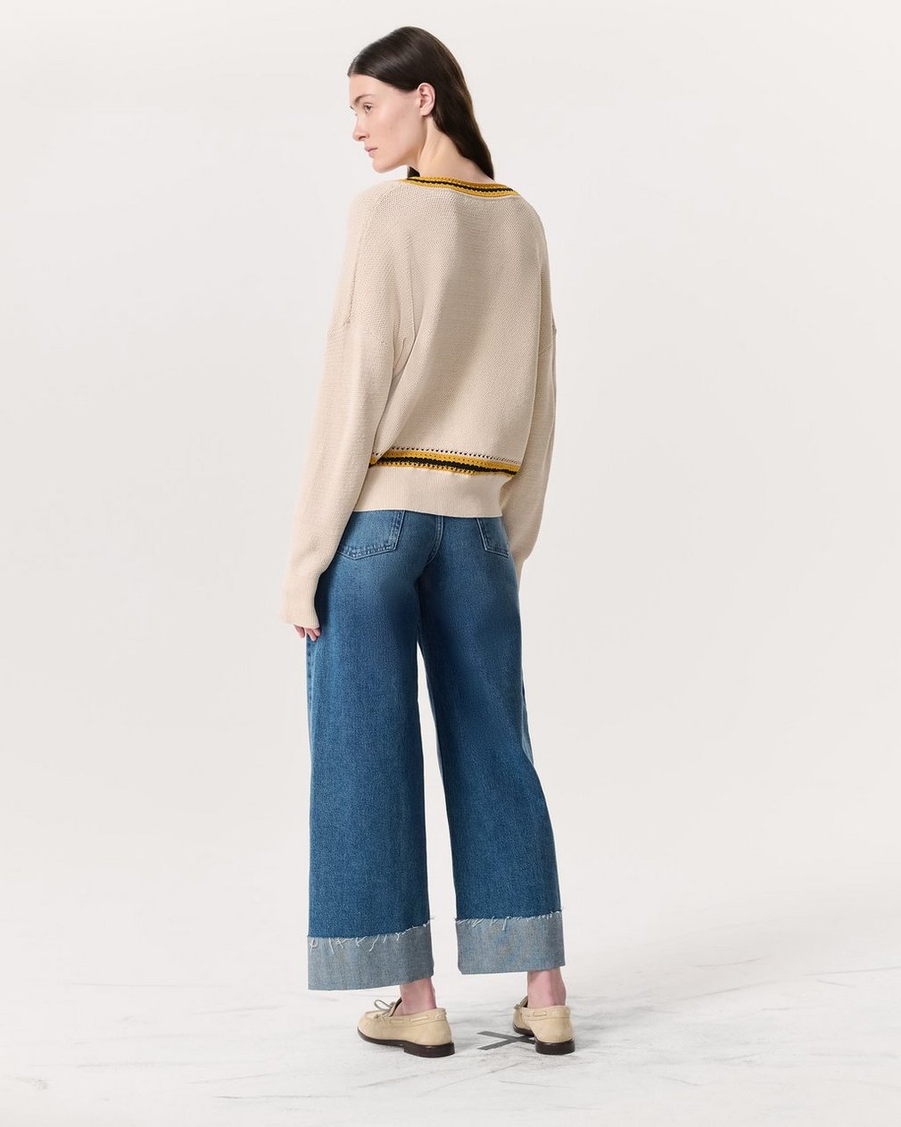 Meghan Striped Crochet-Trim V-Neck Sweater - Ivory