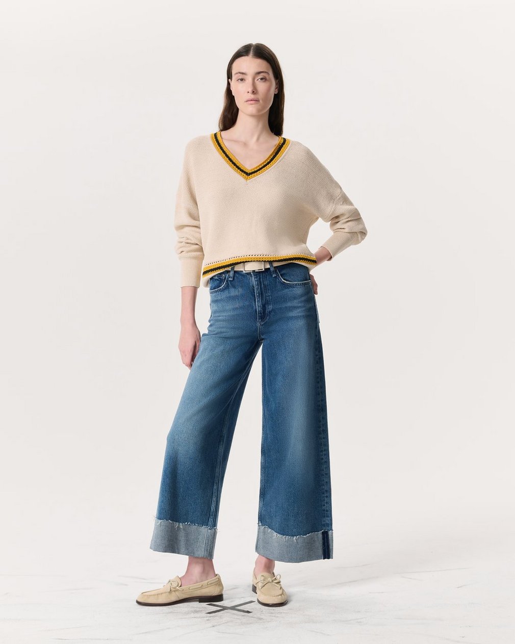 Meghan Striped Crochet-Trim V-Neck Sweater - Ivory