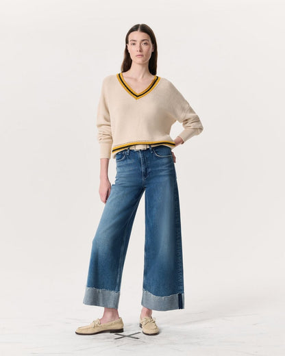 Meghan Striped Crochet-Trim V-Neck Sweater - Ivory