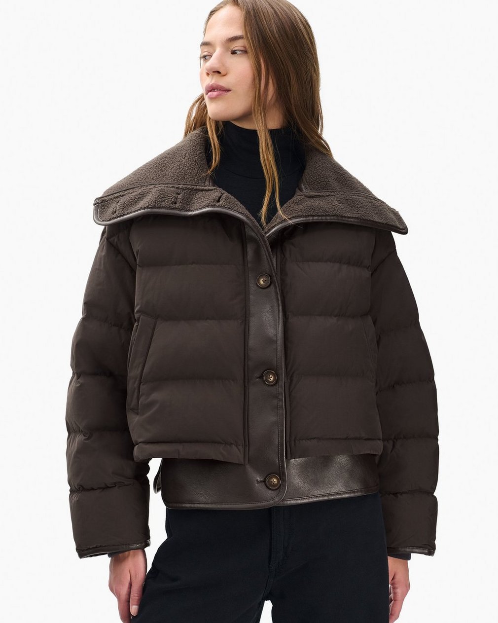 Gloria Mixed-Media Puffer Jacket - Brown