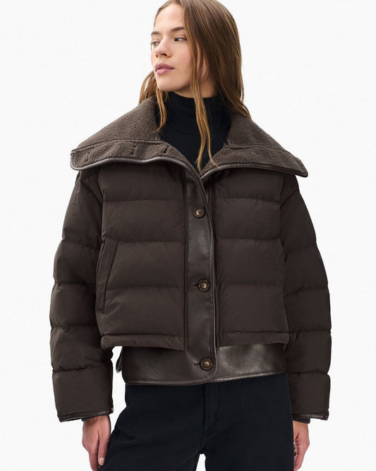 Gloria Mixed-Media Puffer Jacket - Brown