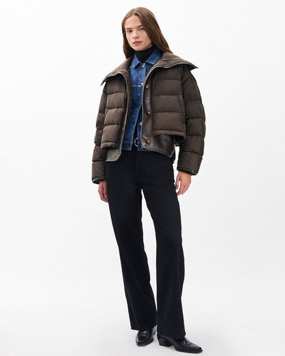 Gloria Mixed-Media Puffer Jacket - Brown