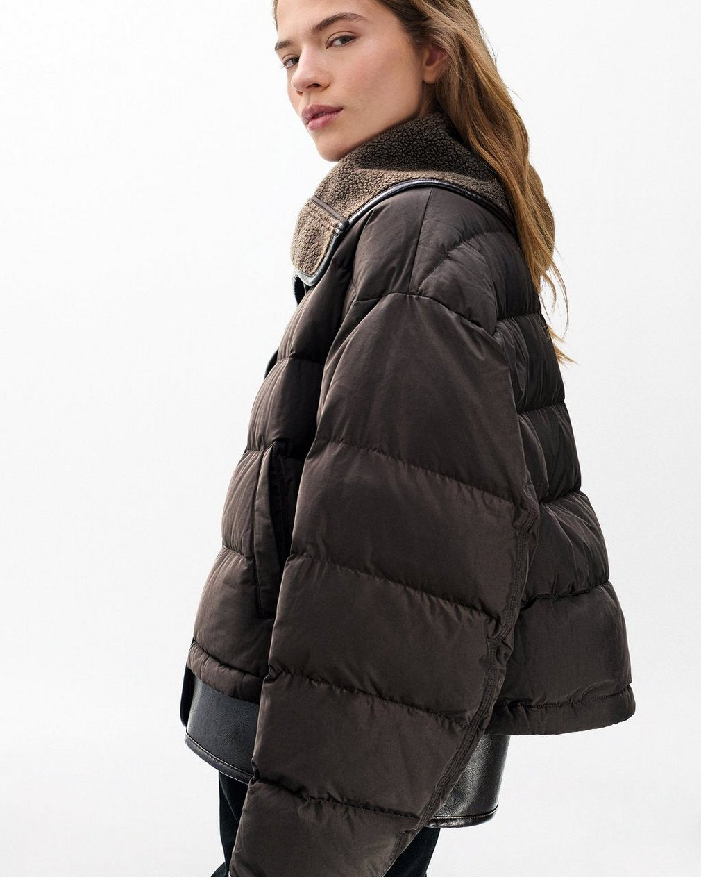 Gloria Mixed-Media Puffer Jacket - Brown