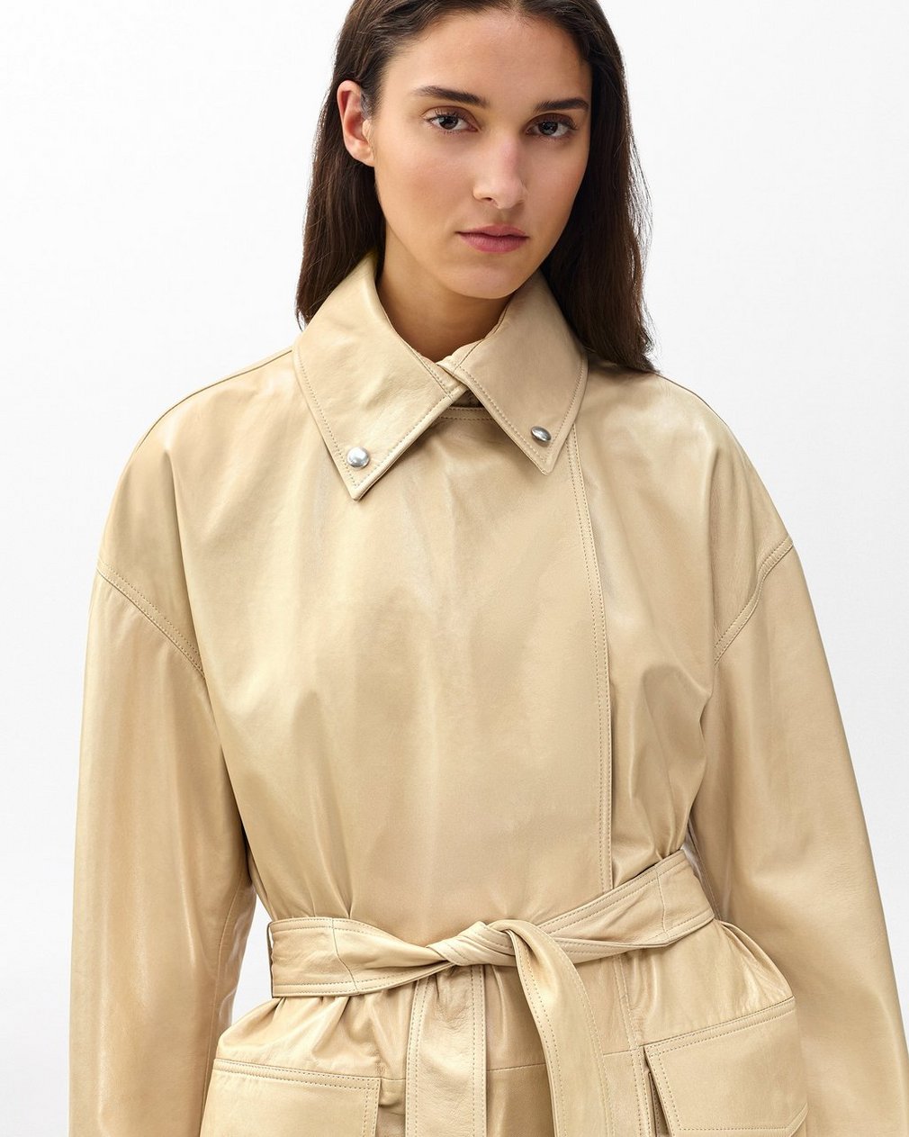 Rue Lamb Leather Trench Coat - Tan