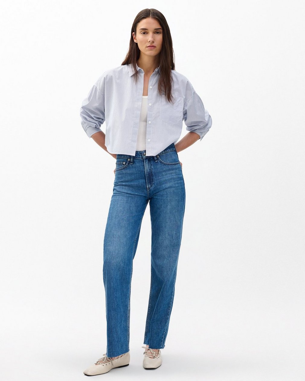 Marin Cropped Striped Shirt - White Stripe