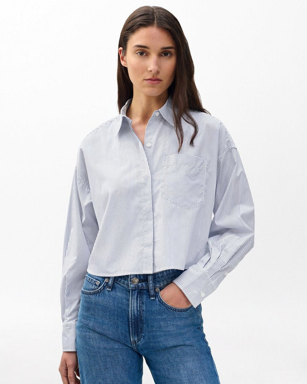 Marin Cropped Striped Shirt - White Stripe