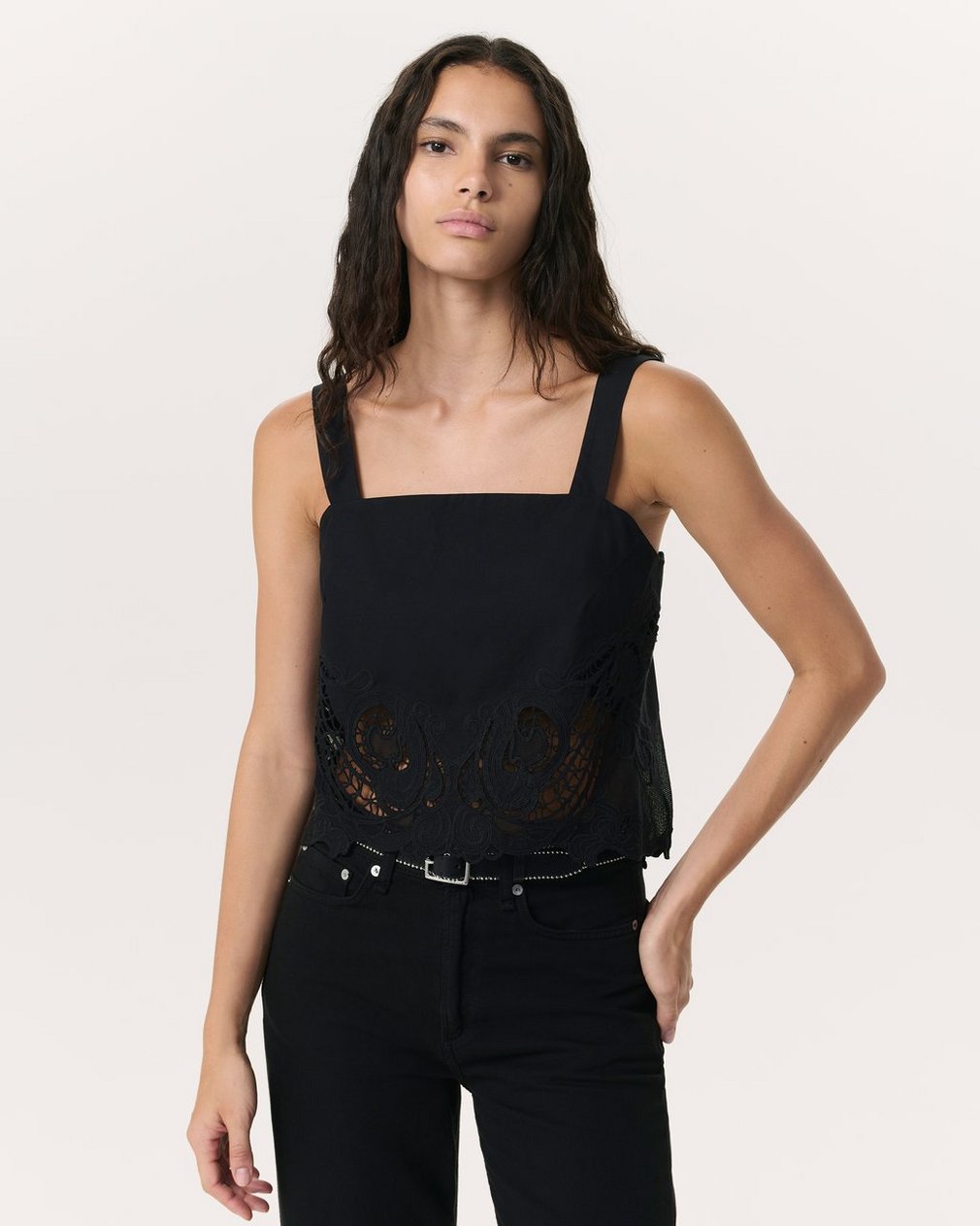 Clem Lace-Trim Poplin Tank Top - Black
