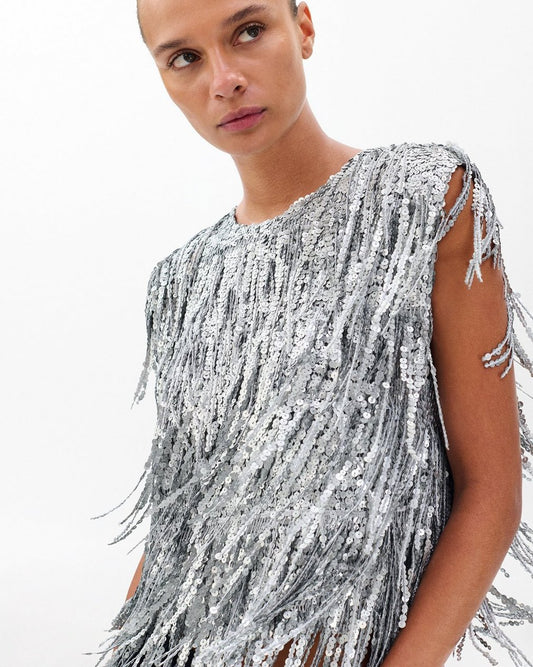 Billie Sequined Tassel Top - Gunmetal