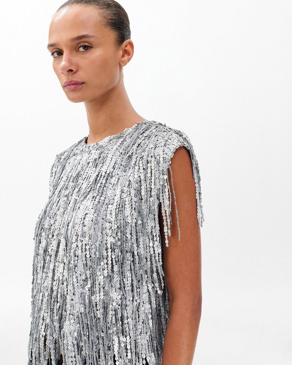 Billie Sequined Tassel Top - Gunmetal